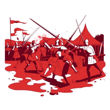 A red medieval battlefield filled with armored soldiers clashing swords. The ground is uneven, with patches of mud and grass scattered throughout. Soldiers in shiny metal armor are engaged in fierce combat, their swords raised as they strike against each other. Dust and debris are flying into the air around them, creating a sense of movement and chaos. In the background, a tent with banners flutters in the wind, while a few warriors can be seen on horseback maneuvering through the fray. The atmosphere is tense, with expressions of determination visible on the soldiers' faces.