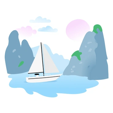 A yacht is anchored in a calm body of water, gently bobbing with the subtle waves. The yacht has a sleek design with white hull and sails partially unfurled. Surrounding the bay are towering cliffs, their surfaces textured with rocky formations and patches of greenery. The cliffs rise dramatically from the water, casting shadows over the bay. In the background, soft pastel colors fill the sky, blending harmoniously from light pink to pale blue as the sun sets. A few fluffy clouds drift lazily above, adding to the tranquil atmosphere.