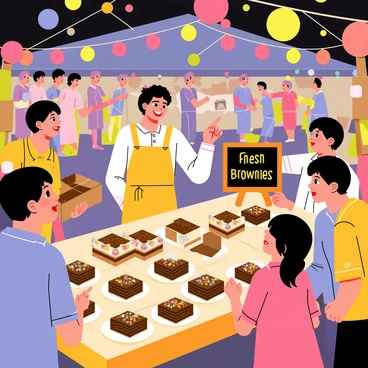 A bustling night market stall illuminated by colorful string lights. The vendor, a cheerful person wearing a bright apron, stands behind a wooden table adorned with a variety of freshly baked brownies. The brownies are displayed on white plates, showcasing different toppings such as nuts, chocolate drizzle, and colorful sprinkles. Nearby, a small chalkboard sign reads "Fresh Brownies" in vibrant lettering. A crowd of excited customers gathers around the stall, with some pointing at the brownies and others holding takeaway boxes. The atmosphere is lively, filled with the warm glow of the lights and the enticing aroma of baked goods.