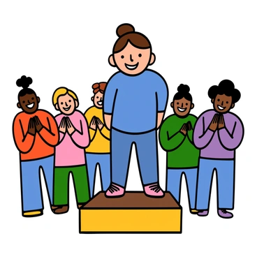 A child with light skin and short brown hair stands confidently on a small stage, wearing a bright blue shirt and jeans. The child has a big smile, showcasing joy and pride. In the background, there are several supportive friends and family members clapping and smiling. They have a variety of skin tones and hair types, wearing casual clothing in different colors. The scene captures a moment of encouragement and celebration.