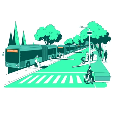 A teal city street is lined with accessible buses parked along the curb. Each bus has a bright orange sign displaying its route number. Ramps are integrated into the sidewalk, providing smooth transitions for all pedestrians. Several crosswalks with clear white stripes connect both sides of the street. People of various abilities are using the ramps, while a group of pedestrians waits to cross at a crosswalk, ensuring an inclusive urban environment. Trees with vibrant foliage are planted along the sidewalk, creating a welcoming atmosphere.