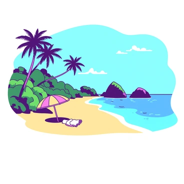 A secluded tropical beach with golden sand stretching out under a clear blue sky. The water is a vibrant blue, gently lapping at the shore. Lush green vegetation surrounds the beach, including tall palm trees leaning slightly towards the water. In the distance, there are a few large boulders partially covered with greenery, adding depth to the serene landscape. A single colorful beach umbrella is positioned on the sand, alongside a small white towel.