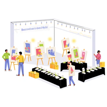 A spacious exhibition area with white walls is being prepared for an illustration award night. Several organizers are actively setting up large easels displaying colorful artwork. Tables covered with black tablecloths are arranged with name cards and decorative centerpieces. Bright overhead lights illuminate the space, creating a vibrant atmosphere. A large banner reading "Illustration Award Night" hangs prominently in the background. Boxes filled with supplies are scattered around, and a few organizers can be seen discussing the layout and placement of the displays.