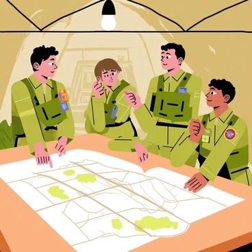 A female soldier with short brown hair is kneeling beside a large, detailed map spread out on a wooden table. She is wearing a green camouflage uniform and a tactical vest with various gear attached. Around her, three fellow soldiers, two males and one female, are attentively looking at the map, pointing out key areas. The setting is inside a military tent, with equipment and gear visible in the background. A dim light bulb hangs above, illuminating the scene as the soldiers discuss their strategy.