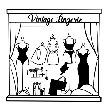 A department store window featuring an elegant display of vintage lingerie from the 1940s. Delicate lace and satin garments are meticulously arranged on mannequins, showcasing a variety of styles including nightgowns, corsets, and slips. The background is adorned with soft, flowing fabric that enhances the luxurious feel of the display. Decorative accents such as vintage jewelry and a classic handbag are placed among the garments to evoke a sense of nostalgia. The words "Vintage Lingerie" are elegantly displayed in a stylish font above the window display.