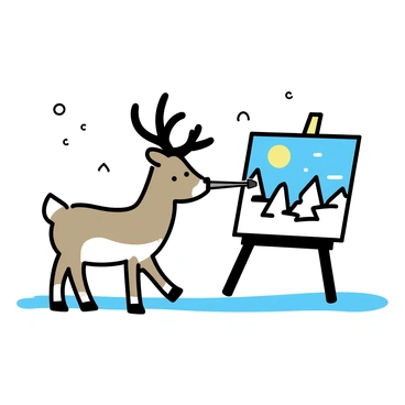 A reindeer with brown fur and white patches is standing on a snow-covered ground. It has large antlers prominently displayed. In its mouth, it holds a paintbrush. The reindeer is facing a canvas set on an easel, where it is painting a winter landscape. The canvas depicts tall, snow-laden pine trees and a softly glowing sunset in the background. Snowflakes gently fall around the scene, adding to the winter atmosphere.
