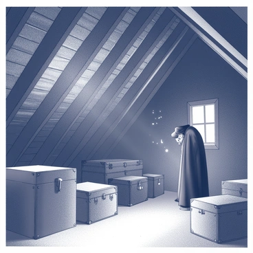 An attic scene featuring exposed wooden rafters. The rafters are adorned with thick cobwebs that catch the light, creating a sense of neglect. In the shadows among the rafters, a figure resembling a vampire is partially hidden, wearing a dark cloak that blends into the dim surroundings. The vampire's pale skin and sharp fangs are faintly visible as it watches the scene below with keen interest. Dust particles float lazily in the air, illuminated by a narrow beam of light filtering through a small, dusty window. Various old trunks and forgotten furniture pieces fill the attic floor, hinting at a long-abandoned space.