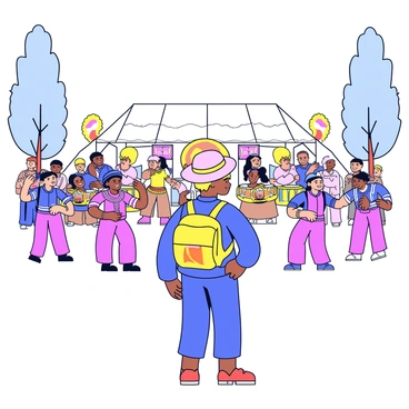 A backpacker wearing a wide-brimmed hat and a colorful backpack is standing in the foreground. The backpacker has a joyful expression while watching a group of performers dancing in traditional attire. The dancers are adorned with vibrant costumes featuring intricate patterns and bright colors. In the background, there are stalls with decorations and people enjoying the festival atmosphere, with musical instruments like drums and flutes visible. Several trees can be seen on either side, providing some shade to the lively scene.