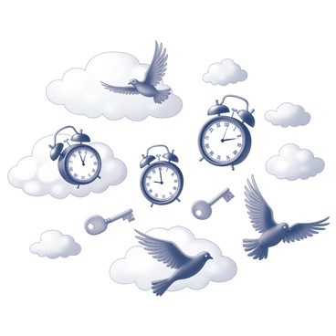 An array of dream symbols, like clocks, birds, and keys, floating in clouds