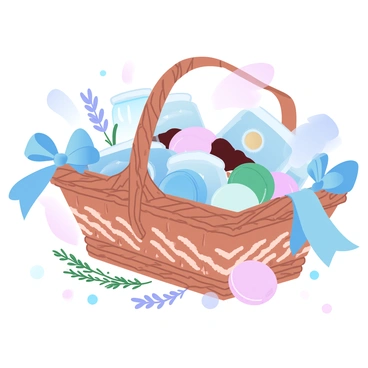 A wicker basket is filled with assorted gourmet treats such as neatly wrapped chocolates, jars of artisan jam, and colorful macarons. The basket features a delicate, intricate weave and is adorned with a large satin ribbon tied in a bow on one side. Surrounding the basket are small decorative elements like sprigs of rosemary and lavender for added detail. The treats inside the basket are arranged in a visually appealing manner, showcasing a variety of textures and colors.