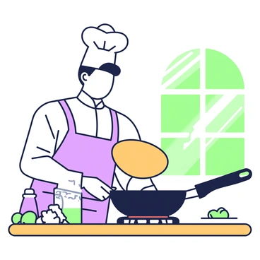 A chef is standing in a kitchen, skillfully flipping a crepe in a hot pan. The chef is wearing a white chef's coat and a tall chef's hat. There is a wooden countertop in front of him, cluttered with various ingredients such as flour, eggs, and milk. The pan is black with a shiny handle, and as the crepe flips, it displays a smooth golden-brown surface. Light shines from a window, casting soft shadows on the countertop, creating a lively cooking atmosphere.