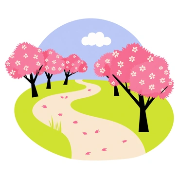 A peaceful path winding through a garden, with a light brown dirt surface. The path is lined with cherry blossom trees, each adorned with abundant pink blossoms in full bloom. Delicate pink petals scatter gently on the ground, creating a soft, colorful carpet. Bright green grass peeks up from the edges of the path, enhancing the vibrant scene. A few fluffy white clouds drift across a clear blue sky above the serene setting.