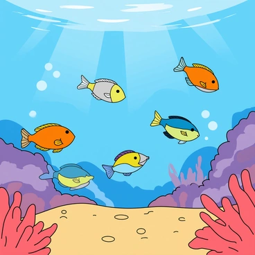 A vivid underwater scene featuring multiple tropical fish with bright colors, such as orange, blue, and yellow. The fish are swimming leisurely in various directions, showcasing their fins and scales. The water is clear, allowing dappled sunlight to filter through, creating soft patterns on the sandy ocean floor. There's a variety of coral formations in the background, with shades of pink and purple, enhancing the vibrant atmosphere of the scene. Bubbles rise gently to the surface, adding to the lively underwater environment.
