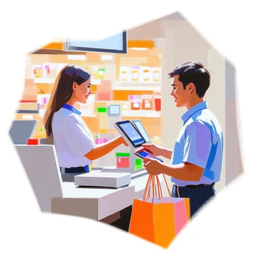 A customer with dark hair and wearing a blue shirt is standing at a checkout counter in a store. The customer is holding a smartphone in their right hand, positioned near a contactless payment terminal. The terminal displays a green light indicating the successful transaction. The store features shelves filled with various products in the background, and a shopping bag is resting on the counter next to the customer. The cashier, with short hair and wearing a uniform, is smiling as they observe the transaction.