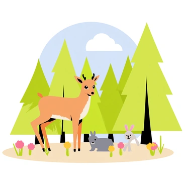 A t-shirt design featuring a forest scene with tall green trees and a soft brown ground. In the foreground, a gentle brown deer stands next to a small grey rabbit. Surrounding the animals are colorful wildflowers in shades of pink and yellow. The background is filled with more lush green trees, creating a sense of depth in the illustration. The sky above is a bright blue with a few fluffy white clouds.