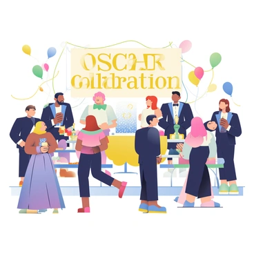 A lively party scene is set up for an Oscar-themed celebration. Guests are wearing a variety of fancy outfits, including elegant evening gowns and sharp tuxedos. Men in black suits and bow ties converse with women in shimmering dresses adorned with sequins. A large banner displays the words "Oscar Celebration" in gold letters. Tables are decorated with gold and black tablecloths, and there are several award statuettes placed as centerpieces. Guests are enjoying an assortment of hors d'oeuvres, and a champagne fountain is bubbling brightly in the corner. Colorful balloons and streamers embellish the space, contributing to the festive atmosphere.