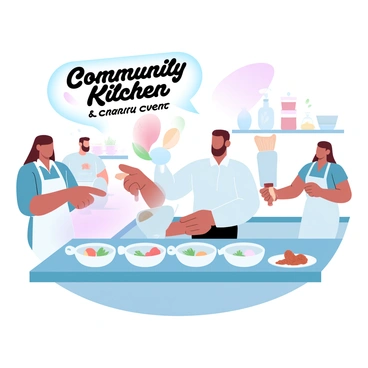 A CEO wearing a crisp white shirt and dark trousers is serving meals at a community kitchen. The CEO is holding a ladle and pouring soup into a bowl, with several bowls lined up on the serving counter. Around the kitchen, volunteers in aprons are assisting, some preparing food while others are organizing utensils. The environment is filled with various colorful dishes and fresh ingredients, creating a lively atmosphere. A banner in the background displays “Community Kitchen Charity Event” in bold letters.