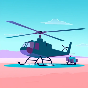 A military helicopter with a sleek, dark green body is positioned above a flat, dusty helipad in a remote desert landscape. The helicopter's rotors are in motion, creating a slight blur, and a refueling hose connects it to a rugged, portable fuel station nearby. The sky above is a vivid blue with a few wispy clouds scattered across the horizon. Dust swirls around the helicopter's landing gear, and distant sand dunes stretch across the arid terrain, enhancing the sense of isolation in this vast desert environment.
