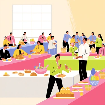 A fellowship hall filled with lively activity and colorful decorations for Easter. Long tables are adorned with vibrant tablecloths and are topped with plates of food, including pastries, eggs, and fresh fruit. Groups of people of various ages are seated around the tables, smiling and chatting with each other. Some individuals are standing in line at a buffet, serving themselves from a large platter of ham and a bowl of salads. Easter-themed decorations, such as pastel-colored eggs and baskets, are scattered throughout the hall. In the background, a large window lets in natural light, illuminating the joyful atmosphere of the gathering.
