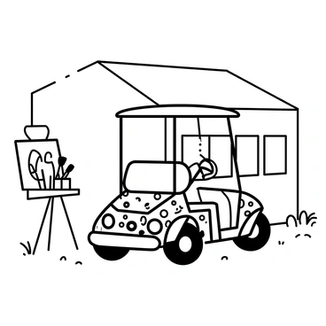 A golf cart parked beside an artist's studio. The golf cart is covered in intricate patterns and designs that suggest abstract art, featuring various shapes and lines. The artist's studio is a simple building with large windows, showcasing brushes and paint tubes on a nearby table. The ground is uneven, with patches of grass and scattered art supplies nearby. The scene suggests a creative environment, with tools of the trade clearly visible.