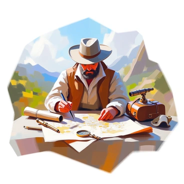 An 18th-century explorer with tanned skin and a rugged beard is intently mapping unknown lands. He is dressed in a traditional explorer's outfit, consisting of a weathered leather jacket and a wide-brimmed hat. In one hand, he holds a quill poised over a parchment map, while in the other hand, he carefully grips a brass compass. Scattered around him are various tools of exploration, including a telescope, a leather satchel, and several scrolls. The background features a lush, uncharted landscape with distant mountains and dense forests, hinting at the mysteries yet to be discovered.