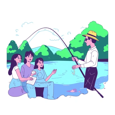 A fishing instructor with a sun hat and sunglasses is standing by a serene lake, demonstrating how to bait a hook. The instructor is holding a shiny silver hook in one hand and a small wriggling worm in the other. The group of eager learners, consisting of three individuals, are attentively watching, with expressions of curiosity on their faces. Two of the learners are holding fishing rods, while one is taking notes in a small notepad. The background features lush green trees and gentle ripples on the water's surface, capturing a peaceful outdoor scene.