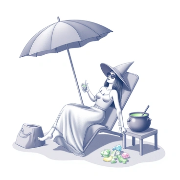 A witch sitting on a beach chair, wearing a pointed hat and a light, flowy beach cover-up, rests comfortably under a sun umbrella. She has her feet buried in the warm sand, and a cauldron sits beside her on a small table. The cauldron is bubbling with a green liquid, and a wooden spoon rests beside it. Her sunglasses are perched on her nose, and she holds a drink with a little umbrella in her hand. Nearby, a small beach bag is open, spilling out potion ingredients like herbs and crystals. The scene captures the contrast of the traditional witch attire with the relaxed beach atmosphere.