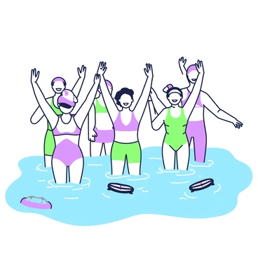 A group of individuals is standing in a swimming pool, engaged in an aqua aerobics class. Each person is performing lateral raises, raising their arms out to the sides. They are wearing colorful swimwear, and the water appears to be gently rippling around them. Some participants are smiling and maintaining a focused expression while others are following the instructor's movements. There are various pool accessories, such as floating dumbbells and aqua belts, visible in the water. The setting is bright and inviting, with sunlight reflecting off the surface of the pool.