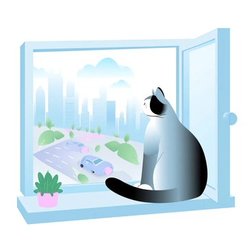 A cat with a sleek fur coat is sitting on a windowsill, its body poised and alert. The cat is facing outward, gazing at the scene beyond. The windowsill is adorned with a small potted plant. In the background, a bustling cityscape features tall buildings and lively streets filled with cars and pedestrians. The sky is filled with soft gradient pastel colors, creating a serene atmosphere over the urban environment.