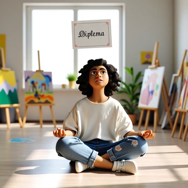 An artist with medium brown skin and curly hair is sitting cross-legged on the floor in a brightly lit studio filled with art supplies and canvases. They are wearing a loose-fitting white shirt and paint-splattered jeans. Above them, a diploma is floating in mid-air, featuring elegant script on a white background. The artist gazes up with a thoughtful expression, surrounded by colorful paintings displayed on easels and the walls, creating an inspiring atmosphere.