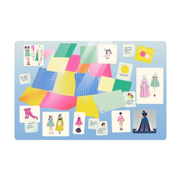 A large mood board is positioned in the center of the image, filled with an array of colorful fabric swatches in various textures and patterns. The swatches include shades of blue, pink, yellow, and green, all neatly arranged. Surrounding the fabric are several hand-drawn sketches showcasing design concepts, featuring flowing dresses and vibrant accessories. There are small pieces of paper with handwritten notes attached to the board, giving insights into the artist's thoughts and inspirations. The background is softly blurred to emphasize the mood board's details and colors.