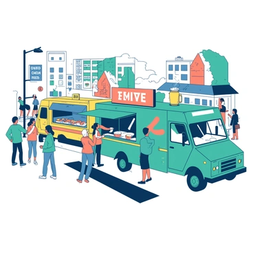 A teal food truck decorated with bright orange accents is parked on a busy city street, with a crowd of people milling around. Next to it, a yellow truck features large colorful signs advertising different cuisines. The scene includes a white truck with a serving window open, where a vendor is handing a steaming dish to a customer. A few pedestrians are enjoying their meals while others are engaged in conversation. Various street signs and buildings in the background contribute to the urban atmosphere, enhancing the lively scene.