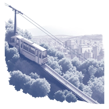 A funicular railway car is seen ascending a steep hillside. The car is adorned with metal railings and large windows, offering a panoramic view of the surroundings. The hillside is covered in dense, lush greenery, with various trees and shrubs occupying the landscape. In the background, the city of Tbilisi is visible, with its unique architecture and clustered buildings. The sky is clear, allowing for bright light to illuminate the scene, highlighting the textures of the foliage and the structures below.
