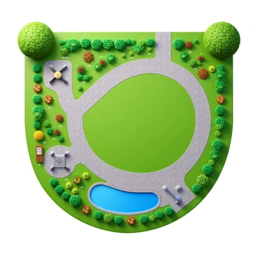 A garden design plan with arrows indicating the flow of walking paths