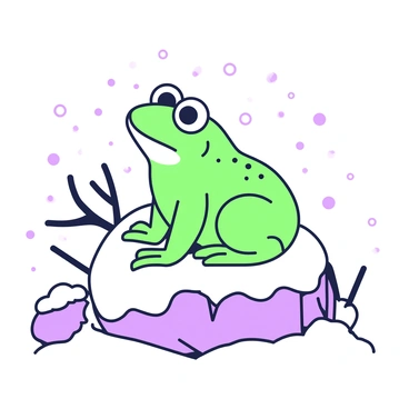 A surprised frog with wide eyes is sitting on a snow-covered rock. The frog's body is a vivid green, contrasting with the white snow surrounding it. Snowflakes are gently falling around, some landing on the frog's back. The rock has a rough texture, partially buried in the snow. In the background, there are hints of snow-laden branches, adding to the wintery atmosphere. The scene captures a moment of stillness amidst the softly falling snow.