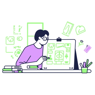 A designer is seated at a table with a 1/16 illustration board in front of them. The designer has short hair and is wearing glasses. They are sketching out an intricate product design using a green pencil. Surrounding the board are various tools, including a ruler, a compass, and several colored markers arranged neatly. A stack of design books is placed to the left, showcasing different styles and concepts. In the background, a window allows natural light to illuminate the workspace. A few notes are scattered around the table, featuring rough sketches and ideas.