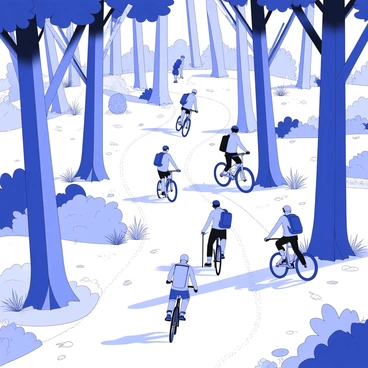 A scenic forest trail is winding through tall trees with dense foliage. Hikers are making their way along the path, some carrying backpacks, while others have walking sticks. A group of cyclists is riding by, wearing helmets and sport attire, with their bicycles shown in motion. Sunlight filters through the leaves, casting intricate shadows on the trail. The ground is covered with a mix of dirt and fallen leaves, adding to the natural ambiance. In the background, there are glimpses of vibrant underbrush and towering trees, creating a sense of depth in the forest.