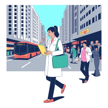 A midwife with a teal bag slung over her shoulder is walking briskly through a crowded city street. She is wearing a white coat and has her hair tied back neatly. Buses and cars are moving on the road beside her, and people are gathered on the sidewalks, some chatting and others looking at their phones. In her hand, she is clutching a yellow folder filled with important documents. The backdrop features tall grey buildings and the vibrant colors of storefronts, while the sky is a clear blue.