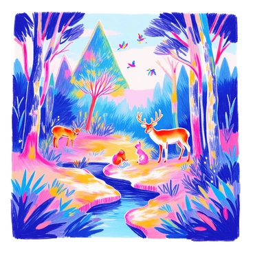 A forest scene features triangular trees with vibrant green foliage. The ground is covered with a mix of brown earth and patches of grass. In the scene, a deer with large antlers stands near a small stream. A rabbit is perched amidst the underbrush, while colorful birds flutter above the tree canopies. Sunlight filters through the branches, casting dappled shadows on the forest floor.