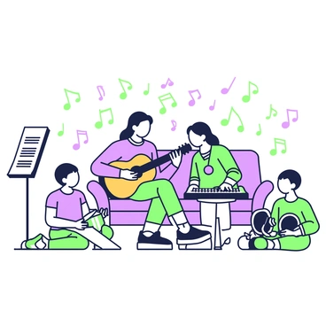 A family is gathered in their living room, engaged in playing various musical instruments. In the center, a father is sitting on a couch with a guitar in his hands, strumming it gently. Beside him, a mother is playing a keyboard, her fingers dancing across the keys. Two children are on the floor; one is holding a set of bongo drums, while the other is playing a tambourine. The room is filled with musical notes flying around them, creating an atmosphere of harmony. A music stand with sheet music is visible to the side, adding to the scene of a lively family jam session.