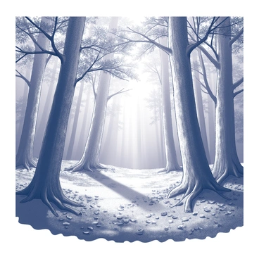 A dense forest scene featuring towering trees with leafy canopies reaching towards the sky. The ground is covered with a thick layer of foliage, including scattered leaves and small undergrowth. Rays of light filter through the branches, casting intricate shadows on the forest floor. The overall composition creates a sense of depth as the trees recede into the background, leading the eye further into the woods.