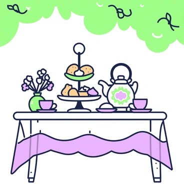 A quaint tea party setup is arranged on a small wooden table. On the table, there is a tiered stand displaying several scones topped with dollops of clotted cream. Beside the stand, a delicate china teapot with an ornate design sits, accompanied by matching teacups and saucers. Freshly brewed tea is visible within the teapot. Around the table, there are small flower arrangements in vases, and a soft linen tablecloth adds a gentle touch to the scene. The setting is outdoors under a leafy tree, creating a charming and inviting atmosphere.