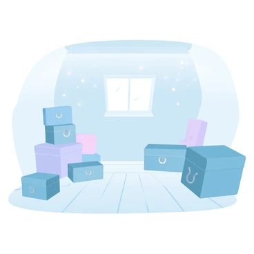 A clean attic space features vintage trunks placed strategically around the room. Neatly stacked boxes in various sizes are arranged along the walls. A small window is positioned near the ceiling, allowing soft light to flood the area, illuminating dust particles dancing in the air. The floor is wooden and slightly worn, adding to the charm of the space. The walls are painted in a light pastel color, enhancing the overall brightness of the attic.