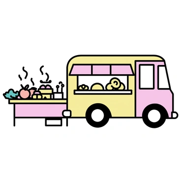 A bakery truck, painted in soft pastel colors, is parked at a farmers market. The truck has large windows displaying an assortment of freshly baked goods, including golden croissants and colorful pastries. Surrounding the truck are wooden tables laden with fresh produce, such as bright red tomatoes, leafy greens, and baskets of colorful fruits. Artisan goods, including handmade soaps and jars of honey, are also arranged neatly on the tables, inviting market-goers to explore. The scene captures the vibrant atmosphere of a bustling market filled with delicious offerings.