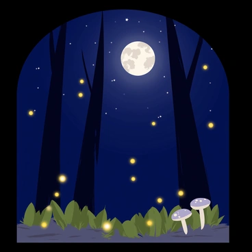 A dark forest scene at night with tall, slender trees reaching upwards. The sky is deep blue, dotted with twinkling stars. A bright, round full moon casts a silvery light across the forest floor. Numerous small fireflies with glowing yellow light are scattered throughout the scene, creating a magical ambiance. The underbrush is visible, with patches of green foliage. A few mushrooms with white caps can be seen peeking through the grass.