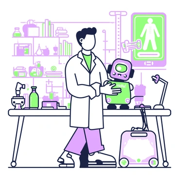 Professor Shonku is standing confidently in a laboratory filled with various gadgets and tools. He has a neatly combed hairstyle and is wearing a lab coat over a shirt and trousers. In his right hand, he holds a small robotic assistant, which has a sleek design with round edges, featuring a green-and-purple exterior. The robot has bright eyes and a small display screen on its front, displaying "Hello!" in a friendly font. Behind Professor Shonku, there are shelves with books, scientific instruments, and a large blueprint of the robotic assistant on the wall. A workbench cluttered with tools and materials is visible in the foreground.