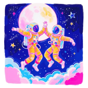 Two astronauts in vibrant space suits are dancing in the weightlessness of space. They are floating gracefully, their limbs extended as they perform a joyful dance. Behind them, the full moon glows brightly, casting a soft light that reflects off their helmets. Stars twinkle in the background, adding to the cosmic atmosphere. The astronauts are surrounded by a vast expanse of deep space, with hints of distant galaxies shimmering in the dark.