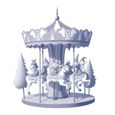 A carousel with ornate horses and whimsical designs is the central focus of the image. Elves of various sizes are perched on the carousel horses, wearing colorful garments and pointed hats. The carousel is decorated with intricate patterns and has a shiny pole in the center. Some elves are laughing joyfully, while others have their hands raised in excitement. The ground beneath the carousel is detailed with cobblestones, and there are trees with decorative lanterns surrounding the scene, adding to the enchanting atmosphere.