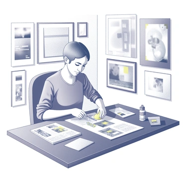 An artist is seated at a large wooden table, surrounded by an array of colorful magazine clippings and black-and-white newspaper pieces. The artist, a middle-aged individual with short hair, is focused on arranging the clippings to create a visually compelling medium-sized collage. In their hands, they hold a pair of scissors, poised to cut an image from a magazine. Scattered around the table are glue sticks, a cutting mat, and a few unfinished sketches. The wall behind the artist is adorned with various framed artworks, providing a backdrop of inspiration. The scene captures the creative process of collage-making in an organized yet dynamic environment.