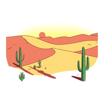 A duotone illustration features rolling sand dunes in shades of yellow and orange. In the foreground, several tall green cacti are scattered across the dune landscape. The sun is setting on the horizon, casting a warm glow and creating long shadows on the sand. The sky transitions from yellow near the sun to a deeper orange as it stretches upwards. The dunes are smoothly shaped and have gentle slopes, leading the eye towards the distant sun.